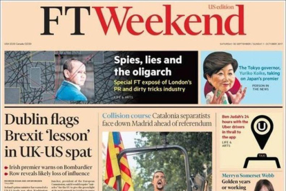La portada de Financial Times de este sábado, con foto dedicada al referéndum catalán-EL PERIÓDICO