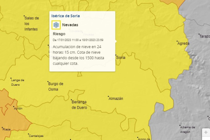 Mapa con los avisos activos de la Aemet para Soria este miércoles. HDS