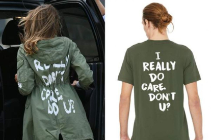 A la izquieda, Melania Trump con la polémica chaqueta. A la derecha, la gabardina con un mensaje solidario de una compañía de Portlan-EL PERIÓDICO