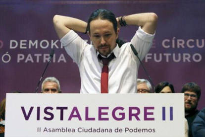 Pablo Iglesias, en una intervención durante la reunión de Vistalegre 2, el pasado mes de febrero.-JUAN MANUEL PRATS