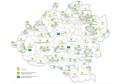 Mapa de la red de áreas de aportación  y puntos limpios para recoger los residuos de construcción.