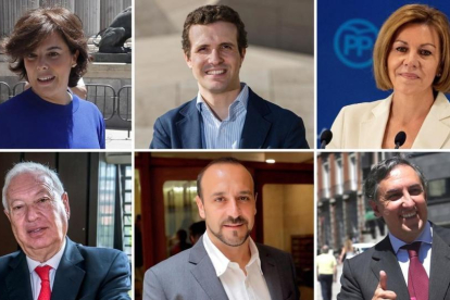 Candidatos a la presidencia del PP, de izquierda a derecha y de arriba a abajo: Santamaría, Casado, Cospedal, García-Margallo, Cabanes y García-Hernández.-