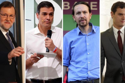 Los candidatos Mariano Rajoy, Pedro Sánchez, Pablo Iglesias y Albert Rivera, que cierran este viernes campaña electoral-