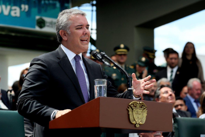 El presidente de Colombia  Ivan Duque  da un discurso en la ceremonia de presentacion de la nueva cupula militar en Bogota-MAURICIO DUEÑAS CASTAÑEDA