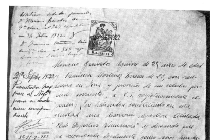 Documento de 1922 para el registro del CD Numancia. HDS