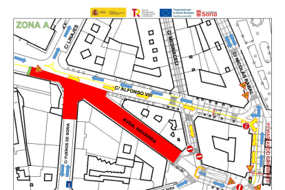 Plano con la señalización de cómo queda el tráfico en el centro de Soria con el corte y reorganización de calles mientras duren las obras. HDS