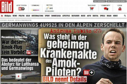 La portada del sensacionalista 'Bild', con una foto de Andreas Lubitz y el titular 'Amok-piloten', 'piloto psicópata'.-