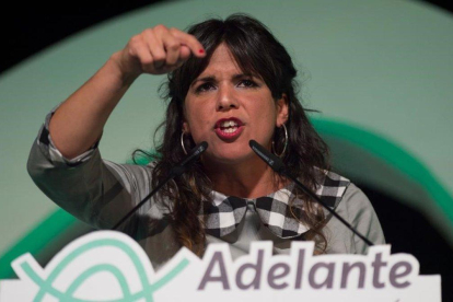 Teresa Rodríguez, líder de Adelante Andalucía, coalición entre Podemos e IU, durante el mitin de cierre de campaña el pasado viernes.-JORGE GUERRERO (AFP)