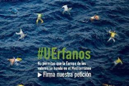 Imagen de la campaña #UErfanos en que las estrellas de la bandera de la UE son reemplazadas por inmigrantes ahogados.-