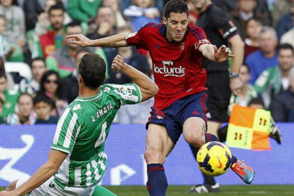El defensa del Betis Antonio Amaya (i) y el centrocampista del Osasuna Álvaro Cejudo luchan por el balón, durante el partido disputado el 12 de enero del 2014.-Foto: EFE / JOSÉ MANUEL VIDAL