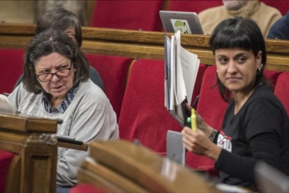 Las diputadas de la CUP, Gabriela Serra y Anna Gabriel, en el Parlament-FERRAN SENDRA