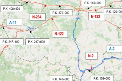 Mapa con los puntos kilométricos donde se prevé la actuación. HDS