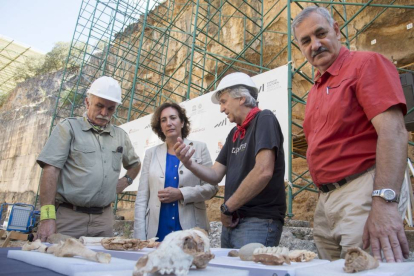 Arsuaga, de Castro y Carbonell, explican a la consejera García Cirac los hallazgos en Atapuerca.-Ical