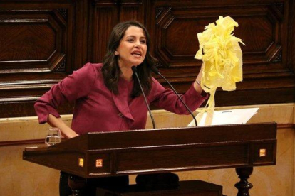 La diputada de Ciudadanos Inés Arrimadas, exhibiendo en el Parlamento lazos amarillos retirados por ella misma.-MAR VILA (ACN)