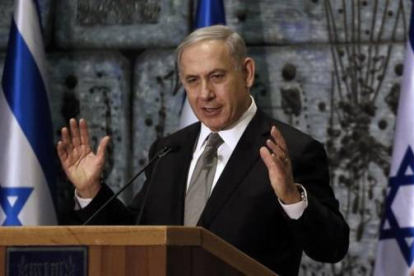 Netanyahu gesticula en un acto contra el tráfico de personas, este martes en Jerusalén.-Foto: AFP / GALI TIBBON
