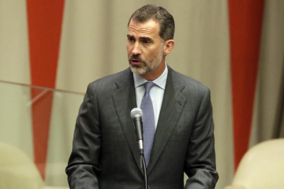 El rey Felipe VI pronuncia su discurso en la cumbre de refugiados de la ONU, el lunes.-EFE
