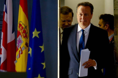 El primer ministro británico, David Cameron, seguido por el presidente del Gobierno, Mariano Rajoy, a su llegada a la rueda de prensa.-EFE