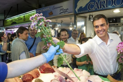 El candidato del PSOE, Pedro Sánchez, de precampaña en un mercado de Ibiza.-EFE / SERGIO G. CAÑIZARES