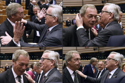 El presidente de la Comisión Europea, Jean-Claude Juncker, y el léder del UKIP, Nigel Farage, en el Parlamento Europea, en Bruselas.-AFP / JOHN THYS