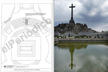 A la izquierda, uno de los planos de ejecución que manejan los técnicos de Patrimonio Nacional para exhumar a Franco. A la derecha, la Cruz de los Caídos, vista desde la abadía benedictina que la custodia.-JOSÉ LUIS ROCA