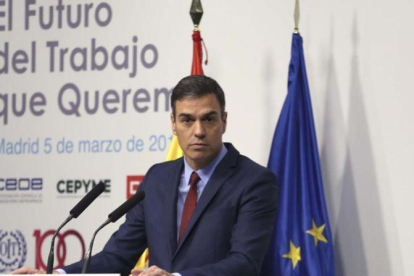 El presidente del Gobierno, Pedro Sánchez, en la inauguración de la II Conferencia Nacional Tripartita.-DAVID CASTRO