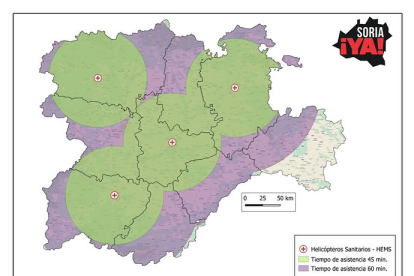 Mapa presentado por Soria Ya en el que se consignan los tiempos de respuesta de los helicópteros sanitarios.
