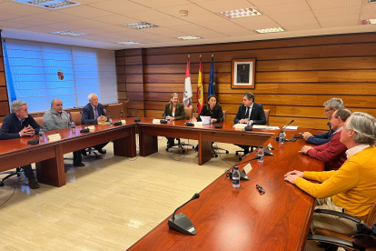 Reunión de alcaldes sorianos y riojanos ayer con la consejera de Movilidad, María González.