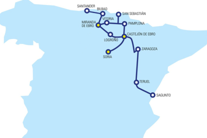 Mapa del corredor Cantábrico-Mediterráneo con la inclusión del ramal hasta Soria desde Castejón