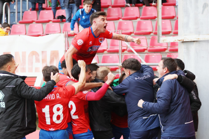 Los jugadores del Numancia celebran el gol milagroso de Diego Royo ante el Adarve.