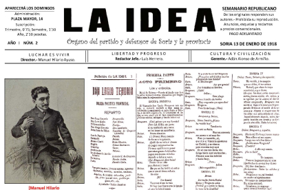 Cabecera de La Idea, retrato de su director en apunte a lápiz y carbón de M. Peña (1904) y primera entrega del folletón ´Don Lacio Tenorio´. [M. Peña; BPS; y JAGB