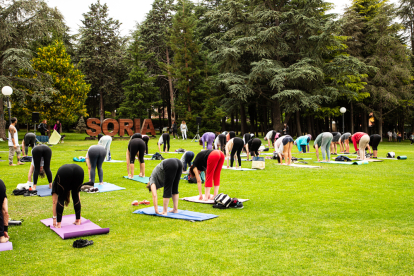 Personas haciendo yoga en la Dehesa este 22 de junio.