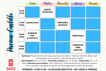 Actividades y horarios de la piscina del Castillo en Soria.