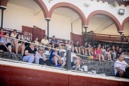 La grada de la plaza de toros con un espectador de lujo como es el entrenador del Grupo Herce Alberto Toribio, en la fila de arriba con gafas de sol.