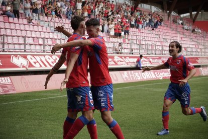 Los jugadores del Numancia celebrando el que era el momentáneo 1-0 obra de Ribeiro.