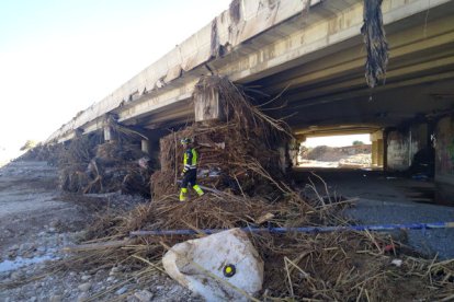 Bombero de Valladolid en las tareas de limpieza en Valencia.