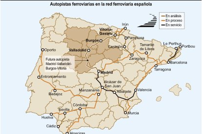 Autopistas ferroviarias en la red ferroviaria española (15cmx10cm).