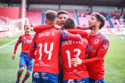Los jugadores del Numancia celebran el gol de Dani Fernández que abría el marcador.