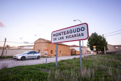 Cartel anunciador de Monteagudo, junto a la carretera.