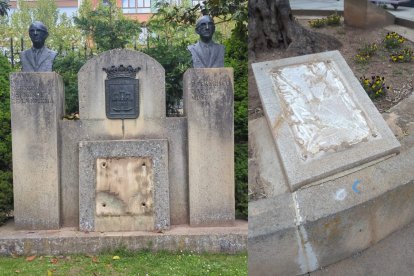A la izquierda, el Monumento a los Autores de las Sanjuaneras sin placa; a la derecha, el hueco en la de la plaza del Olivo.