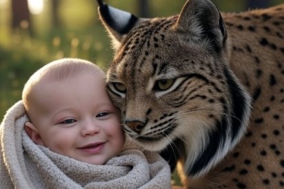 Un bebé humano junto a un lince en una imagen creada con inteligencia artificial y propósito ilustrativo.