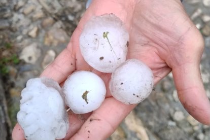 Bolas de granizo recogidas en la tarde de este lunes en Oteruelos.