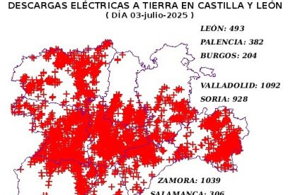 Mapa elaborado por la Aemet con datos sobre las descargas eléctricas caídas en CyL en la jornada del jueves 3 de julio.