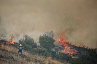 Varias personas tratan de extinguir un fuego, a 19 de agosto de 2025, en el Puerto de San Glorio, León, Castilla y León (España). 
