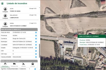 Información sobre el incendio en San Esteban de Gormaz ofrecida por el sistema público Inforcyl.
