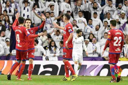 Guillermo celebra uno de sus dos goles con el Numancia en la visita al Santiago Bernabéu en la Copa del Rey en enero de 2018.