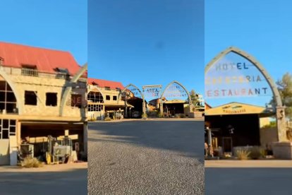 Entrada del Hotel Restaurante Arcojalón, el área de servicio soriana cuya estética entre abandonada y fantástica ha despertado la curiosidad de miles de usuarios en TikTok.