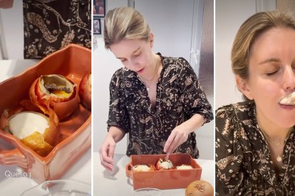 Cristina Oria en el proceso de elaboración de su receta favorita: cebollas asadas rellenas de sopa trufada, yema cruda y bechamel cremosa, una versión del clásico plato soriano que ha conquistado su paladar.