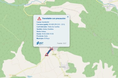 Aviso de la DGT sobre el tramo de carretera afectado por inundación.