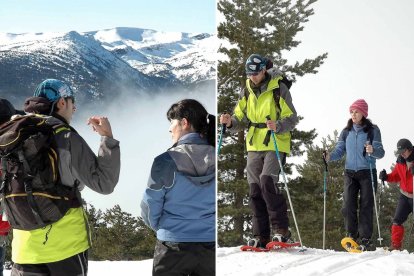 Un grupo de excursionistas avanza con raquetas de nieve durante una ruta guiada en el punto de nieve de Santa Inés, uno de los planes de invierno más populares de Soria