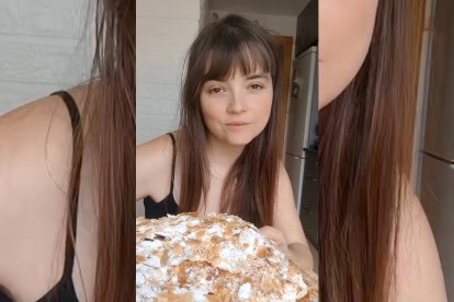 La influencer soriana Jessica Pascual muestra el resultado final de la tarta costrada, un postre tradicional con hojaldre crujiente, nata y crema pastelera que se ha hecho viral en redes sociales